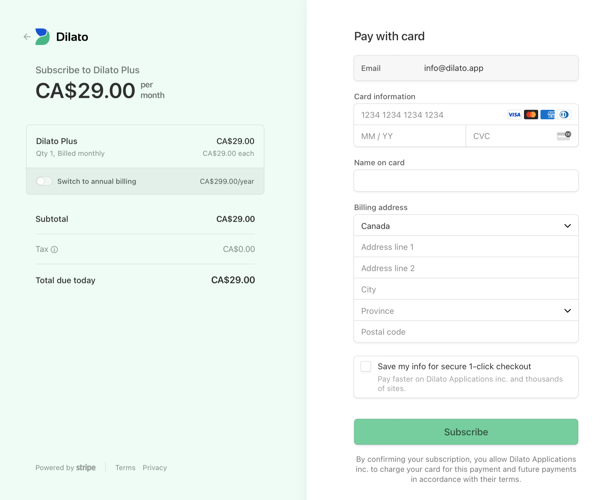 Page de paiement dans Dilato