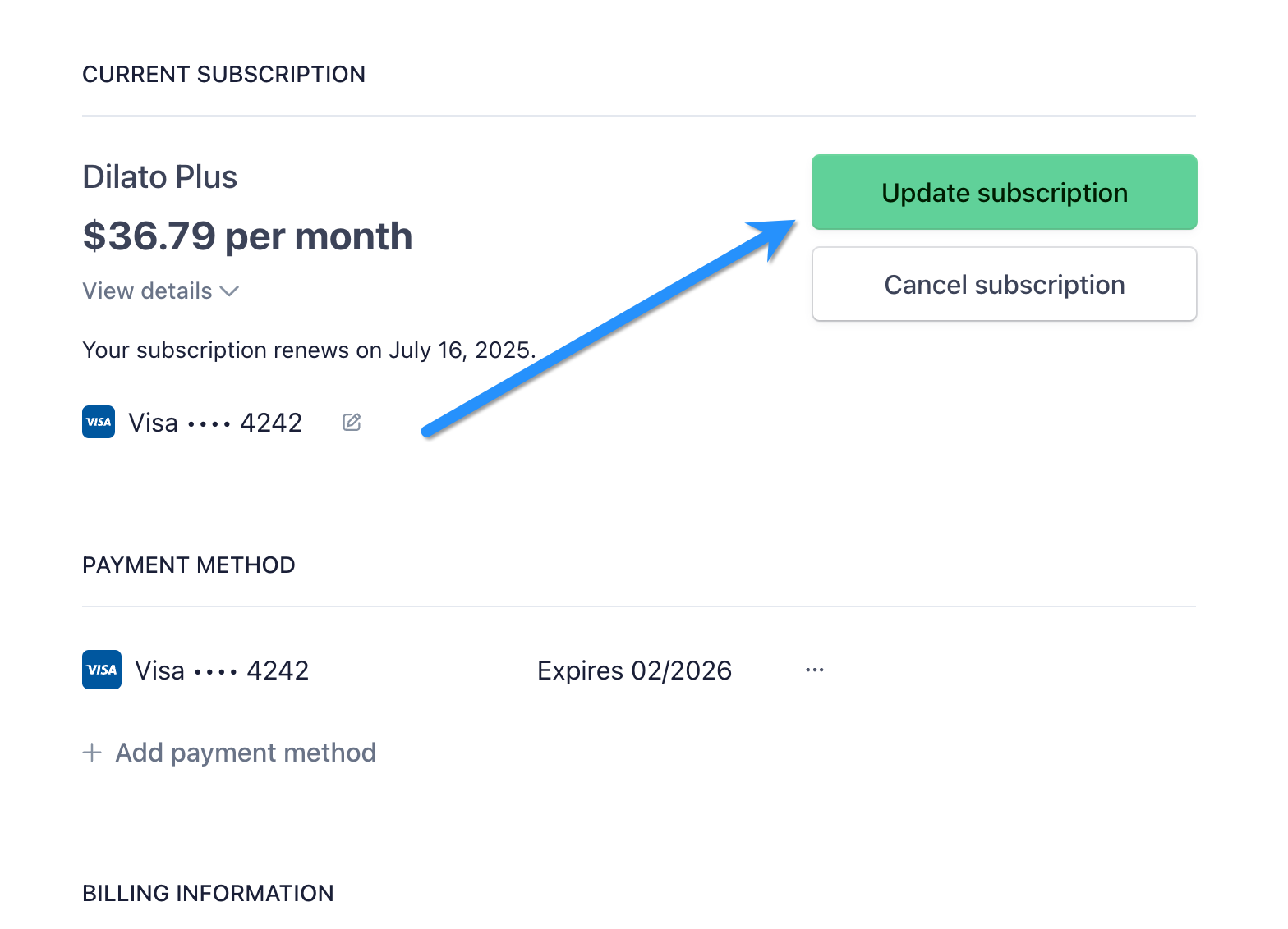 Update subscription button in billing portal