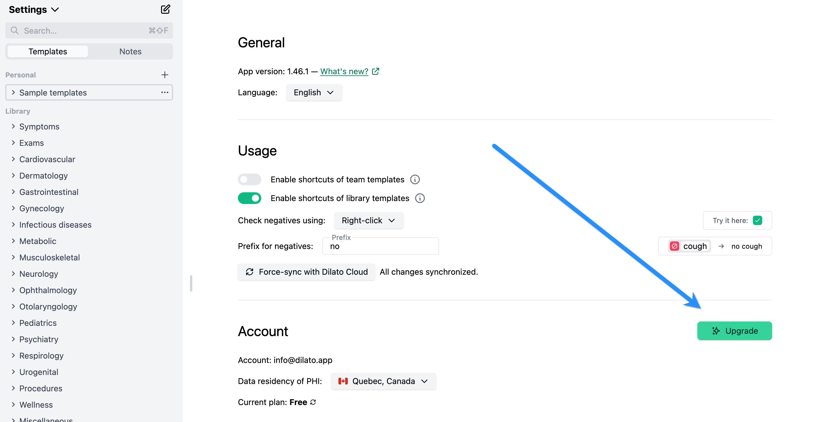 Bouton Mettre à niveau dans Dilato